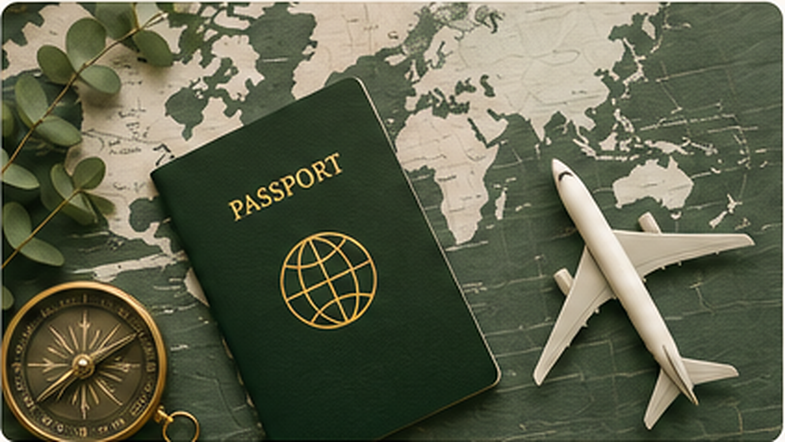 Editorial travel workspace with a world map, passport, compass and plane representing international mobility