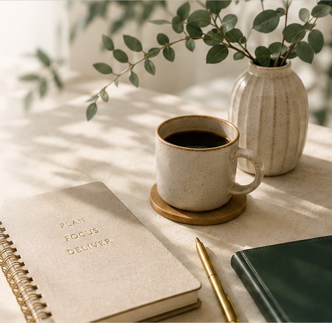 Warm editorial workspace with a coffee cup, leafy plant, notebook, gold pen and laptop