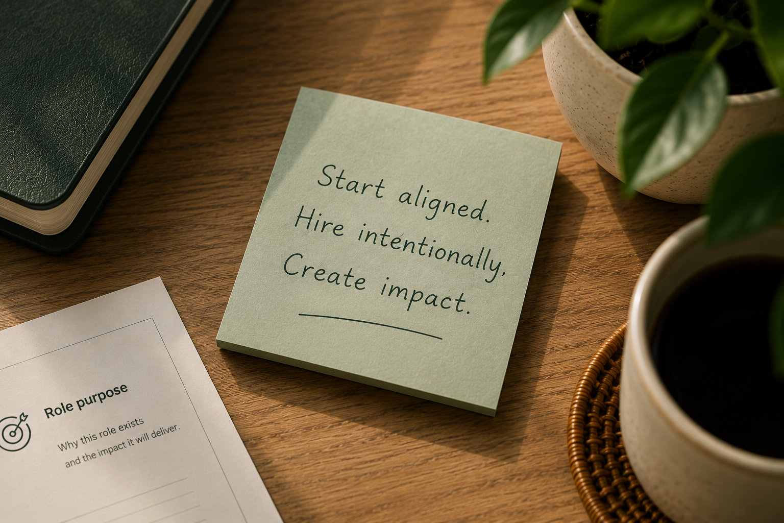 Hiring kickoff workspace with role-purpose notes and an alignment message