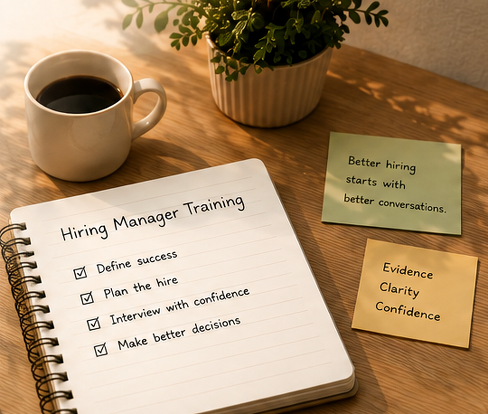 Hiring Manager Training notebook with programme steps and evidence notes