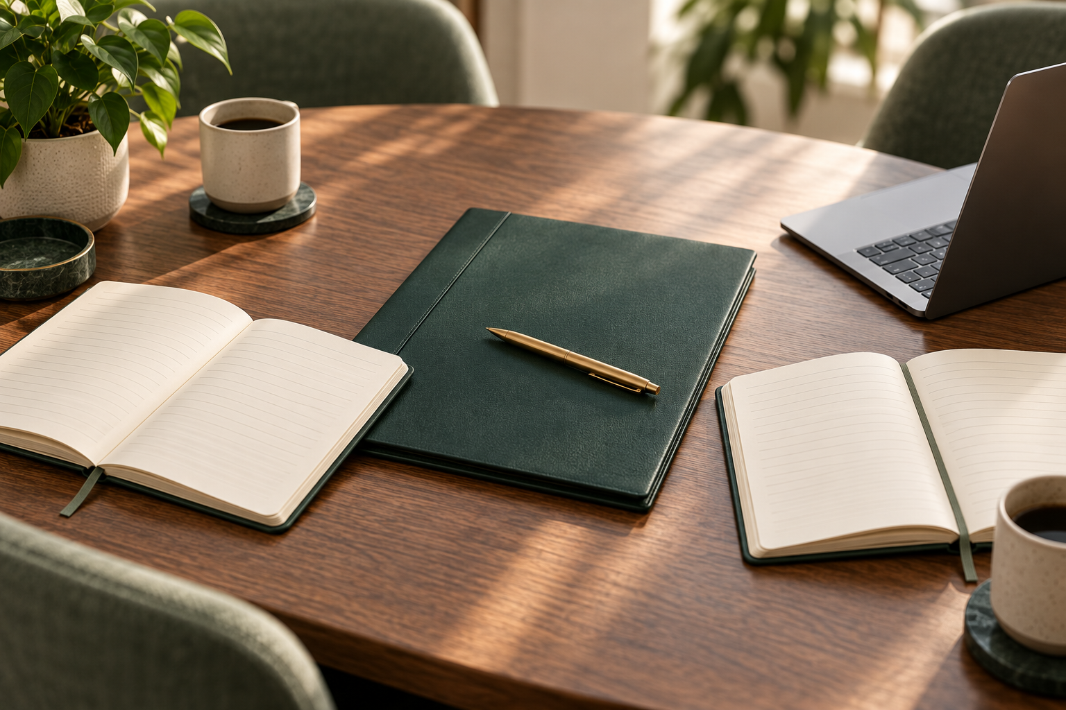 Meeting table with two notebooks, a forest-green folder and a laptop