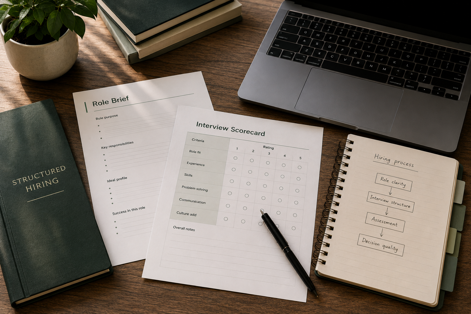 Structured hiring workspace with a role brief, interview scorecard and hiring process notes